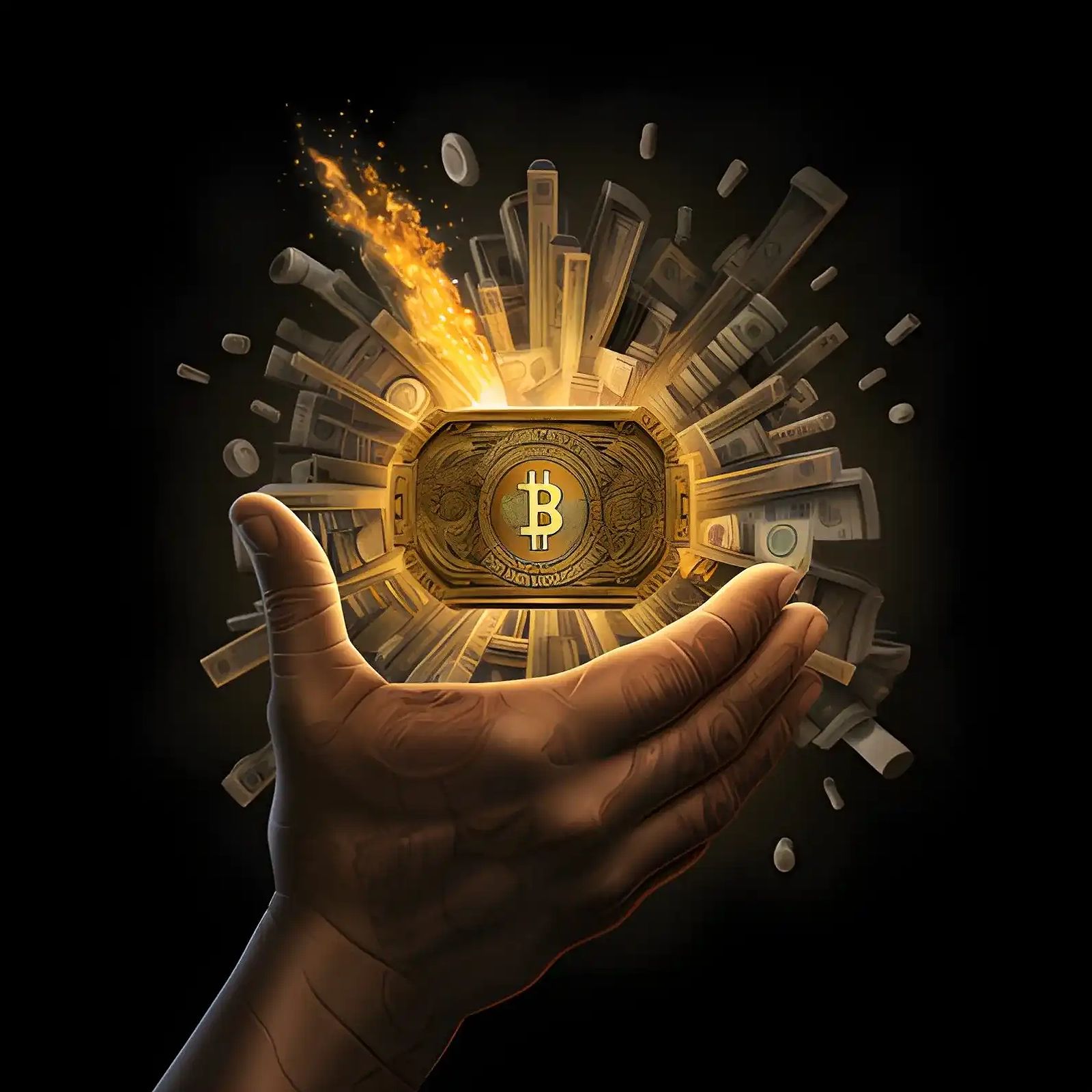 A hand placing a single crypto coin into an open wallet