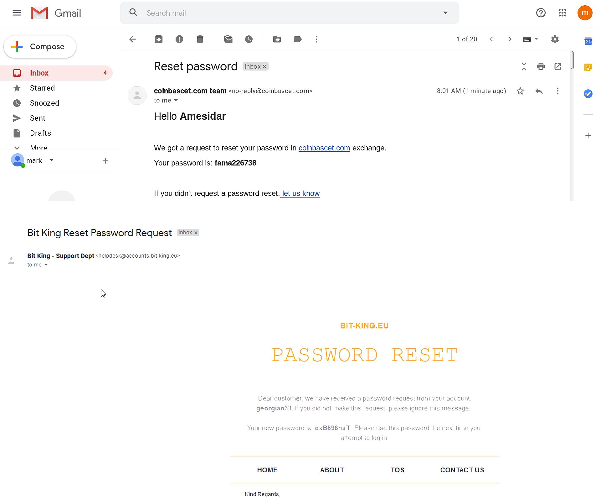 Screenshot of a fake password reset email