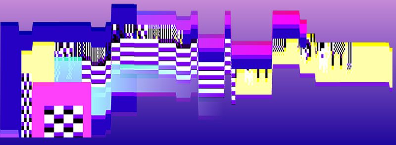 Decorative element. Purple, blue, pink, yellow, black, and white lines overlap and create the impression of a digital, visual glitch, like one might see on a malfunctioning monitor.