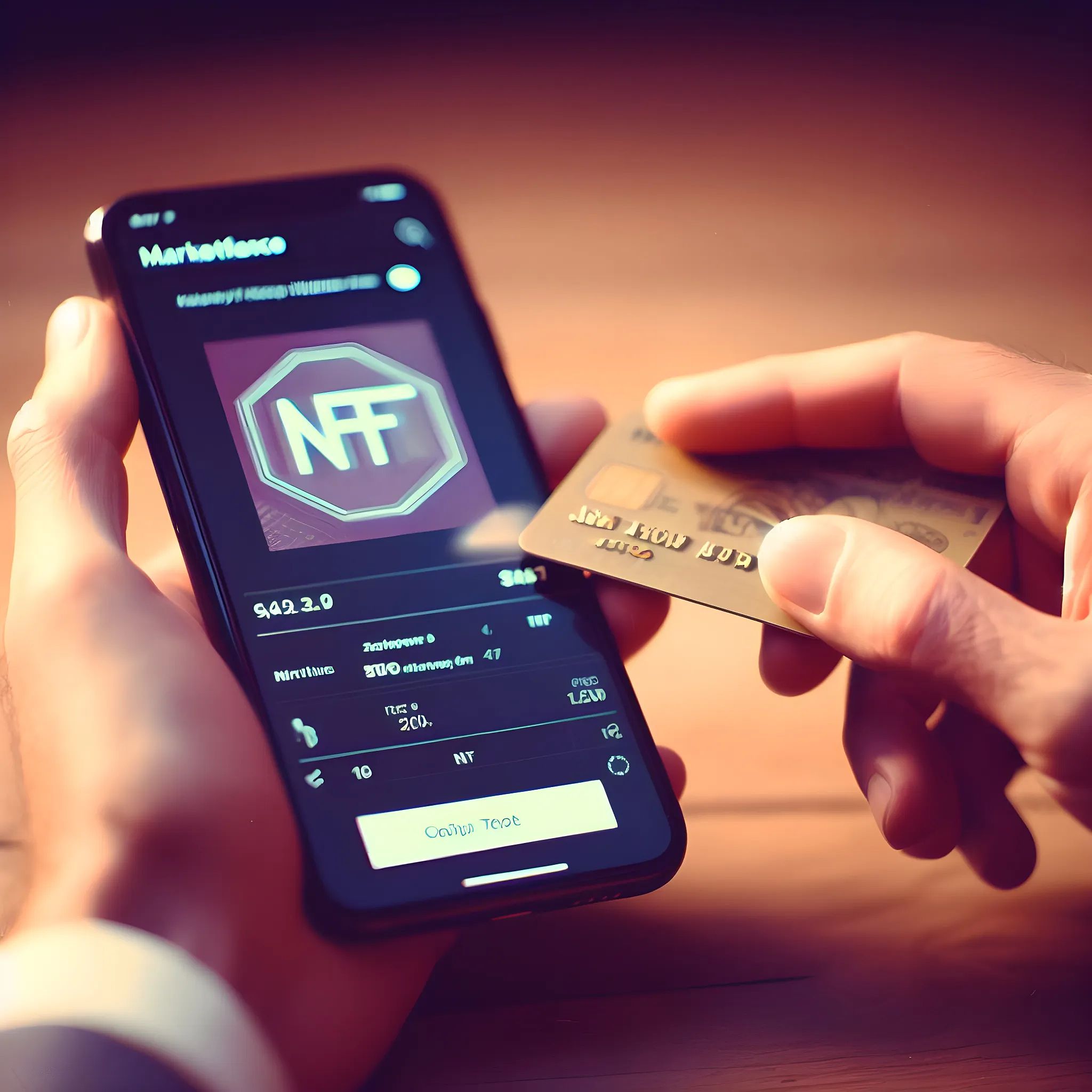 Hand with credit card hovering over phone buying NFT without crypto